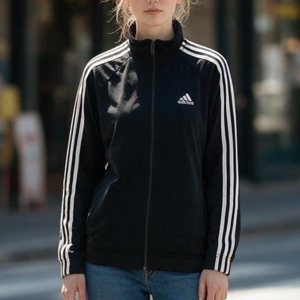 adidas Track Jacket Small Black White 3-Stripe Full Zip Essentials Streetwear